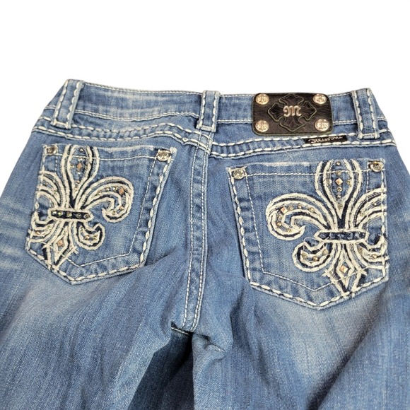 Miss Me Denim - Miss Me Skinny Jeans JP5109SK-2 Blue Fleur De Lis Embellished Low Rise Womens 25